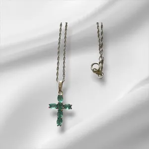 Sterling Silver Cross Necklace w/6 Greenish Blue Gem Stones, 20"
