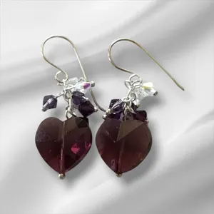 Sterling Silver Purple Heart Dangly Pierced Earrings