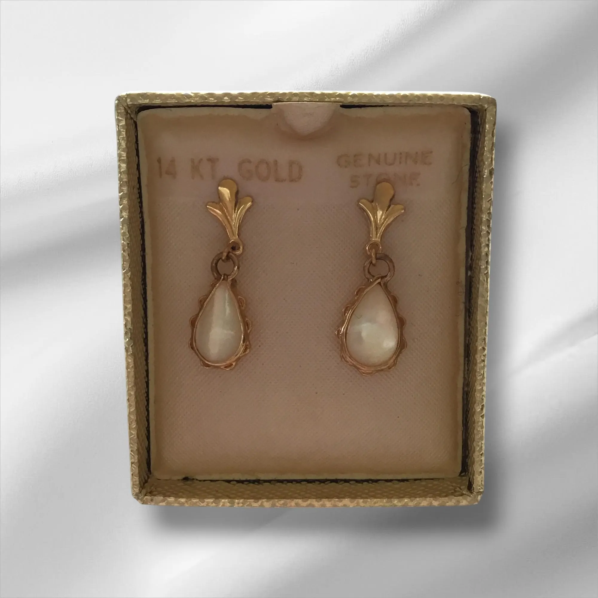 14K Gold Dangly Pierced Earrings w/Genuine Stone - Image 4