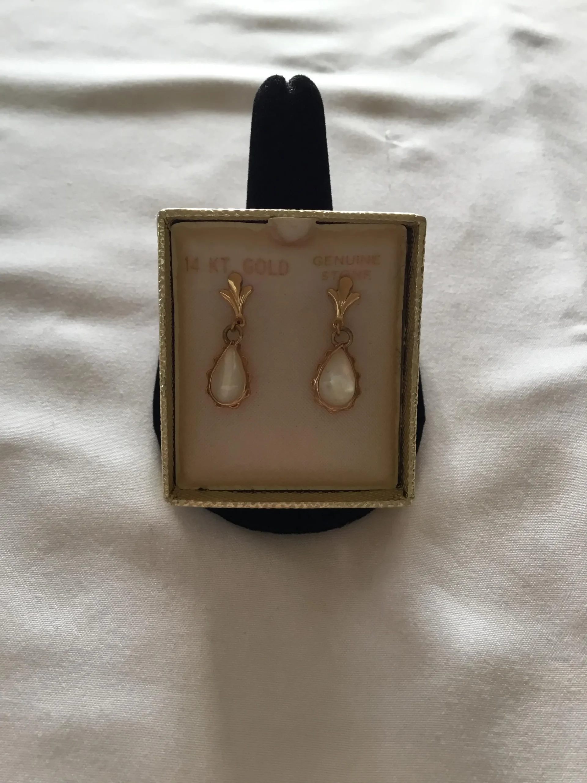 14K Gold Dangly Pierced Earrings w/Genuine Stone - Image 2