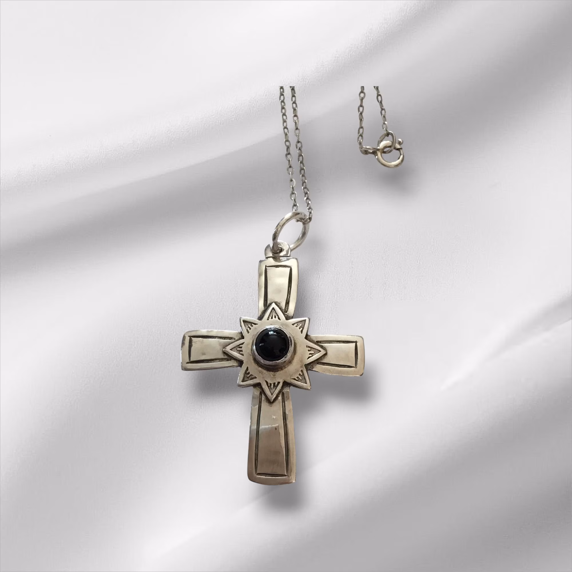Sterling Silver Black Onyx Cross Pendant Necklace 18”