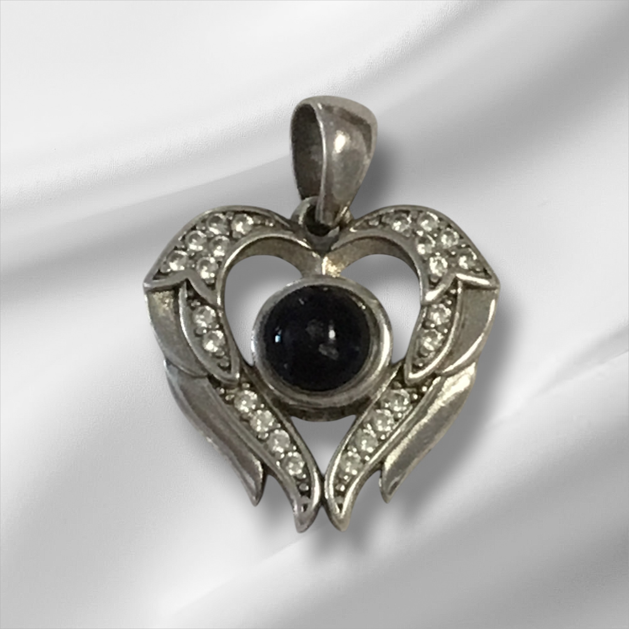 Sterling Silver Heart Pendant w/Black Center Stone