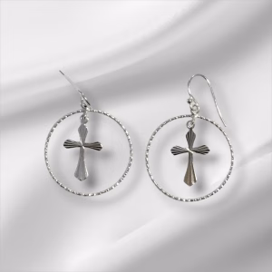 Sterling Silver Hoop Cross Drop Pierced Earrings