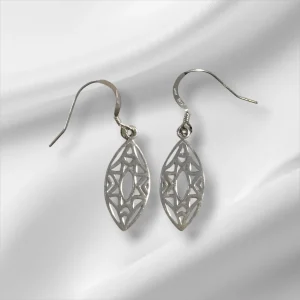Sterling Silver Oval Leaf-Star Pattern Dangly Pierced Earrings