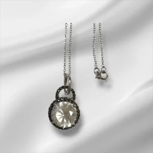 Vintage Sterling Silver Necklace with Clear Stone and Marcasite Circle Pendant 18"