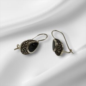 Sterling Silver (SU) Sunstone Imports Pear Shaped Black Onyx Marcasite Pierced Earrings 3/4"