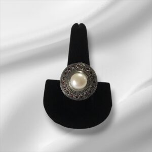 Statement Piece GSJ Signed Rhinestone Accented Pearl Sterling Silver Ring, Size 11