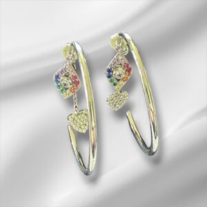 Vintage Sterling Silver Pierced Open Hoop Earrings w/2 Charms, 1.25"