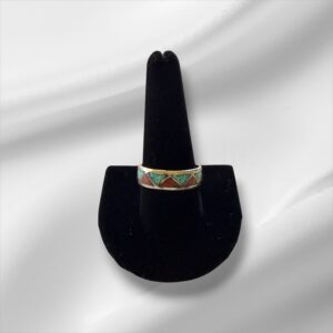 Vintage Sterling Silver Native Turquoise Coral Chip Inlay Ring