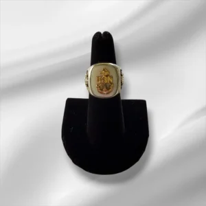 STERLING and Gold or Gold Filled Accent US Navy Ring, WW2 Era Sterling Silver Navy Emblem On Top With Mother Of Pearl Background, Size 7