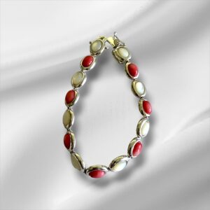 Sterling Silver Bracelet w/Mother Of Pearl & Coral Colored Cabochons, 7"