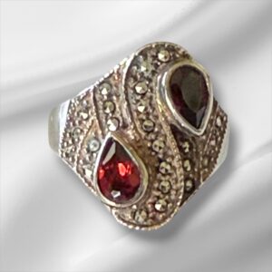 Vintage Sterling Silver Double Red Stone and Marcasite Ring, Size 6