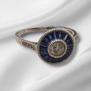 Sterling Silver Art Deco Inspired Estate Ring w/Sapphire Colored Center, Size 10