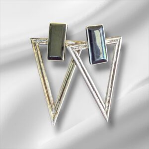 Sterling Silver Modern Design Triangle Earrings w/Black Stone 2" x 1"