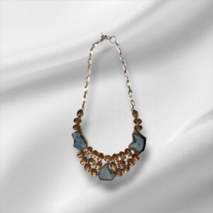 Sterling Silver Glass Handcrafted Necklace w/Gemstone Slices Amber Stones 18"